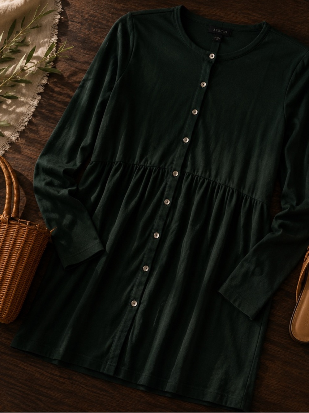 J. Jill Dark Forest Green Long-Sleeve Button Front Dress